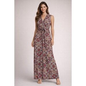 Nina Leonard Womens Paisley Print Sleeveless V-Neck Maxi Dress with Tie Waist M